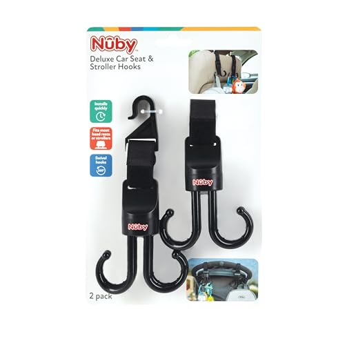 Image of Nuby 2-in-1 Deluxe Adjustable Baby Stroller & Car Seat Hooks for Hanging Bags, Toys- Hang or Remove Items from Hooks with one Hand/ 2 Pack – 8 Hooks Total, Black