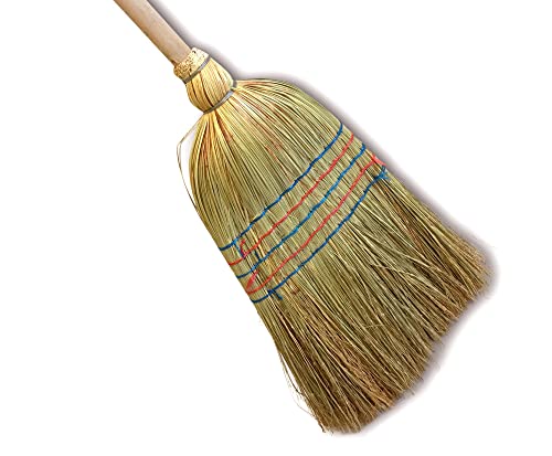 Grand balai traditionnel avec matériaux naturels et paille de riz écologique | 5 fils manché largeur 35 cm | Manche bois 150 cm | Brosse pour ménage extérieur ou décoration vintage | Kibros 2840b