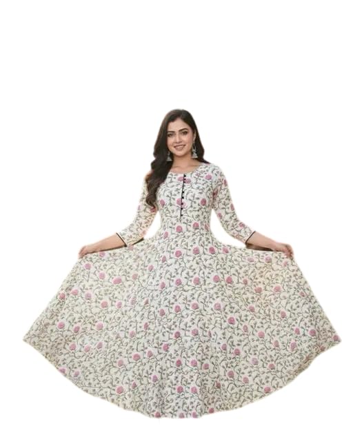 Raj Fashion Women's 3/4th Sleeves Round Neck Rayon Floral Calf Length White Anarkali Ethnic Long Gown-picture-30