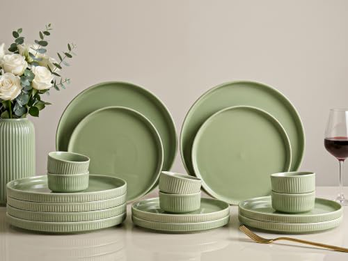 Image of Bodhi House 18 Piece Ribbed Porcelain Dinner Set for 6 with 6 Dinner Plates, 6 Quarter Plates & 6 Katori, Microwave & Dishwasher Safe, Chip Resistant Crockery Set for Home & Gifting, Tea Green