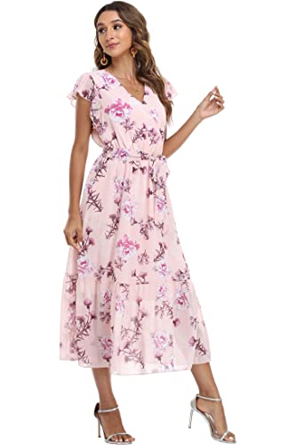 Image of VintageClothing Womens Sundress Casual Floral Summer Boho Dress | Flowy Wrap V Neck Ruffle A-Line Pleated Hem Midi Dresses