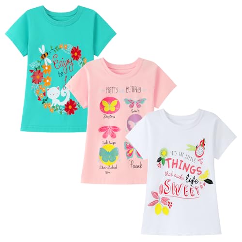 Image of HILEELANG Girl Short Sleeve Tee Shirts Cotton Casual Summer Graphic Tops T-Shirts Multipack