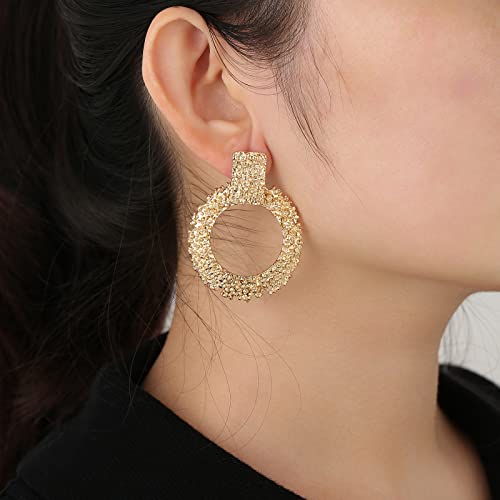 Gold Round Geometric Dangle Earrings - Large Round Big Raised Textured Gold Statement Drop Earrings For Women Girl #TOP1