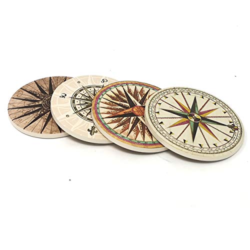 Supcow Coasters For Drinks Absorbent Set Of 4, Ceramic Stone Coaster With Absorb Thicker Cork Back Non-Slip Compass #TOP6