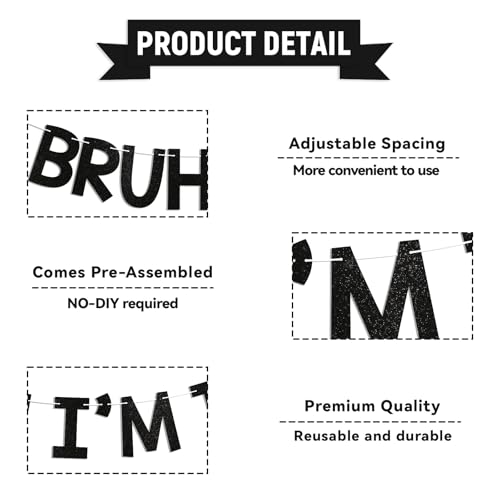 Image of Bruh I'm Ten Banner - Boy's 10th Bruh Birthday Party Decor, Teen Boy Bday Ideas, Funny 10th Birthday Party Decorations Black Glitter