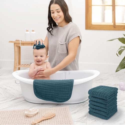 Image of Comfy Cubs Muslin Baby Washcloths 6 Pack - Soft 6-Layer Cotton Wash Cloths for Sensitive Skin - 10 inchx10 inch Large, Gentle, Absorbent Infant Essentials for Newborn and Toddlers - Neptune