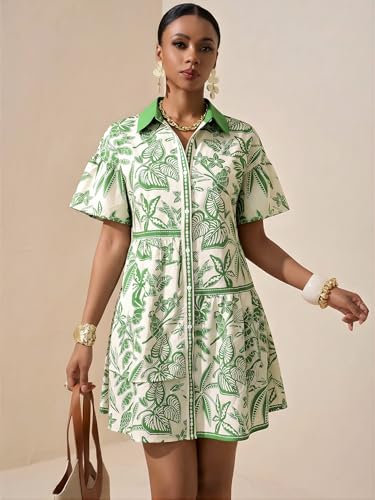 Image of SOLY HUX Women's Floral Button Down Shirt Dress Collared Short Sleeve Ruffle Babydoll Summer Boho Vacation Short Dresses