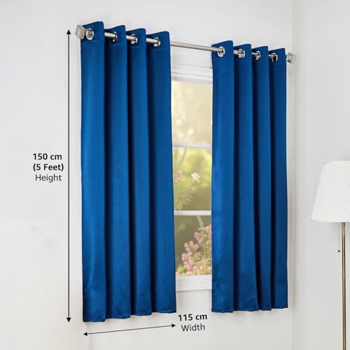 Image of Amazon Basics - Room Darkening Blackout Door Curtains, 100% Room Darkening | 5 Feet |Set of 2| Plain Design | for Living Room and Bedroom | 115cmx 150cm, Color- Blue