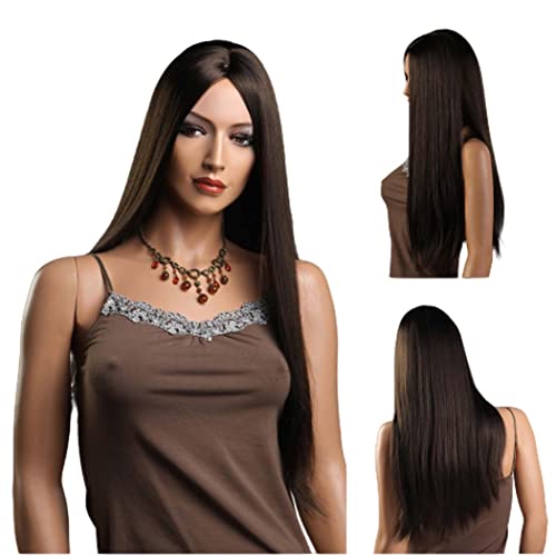 TANTAKO®Damen Braun Perücke Lange Glatte Haar Perücken Für Frauen Synthetische Mittelteil Perücken Dunkelbraune Perücke Cover