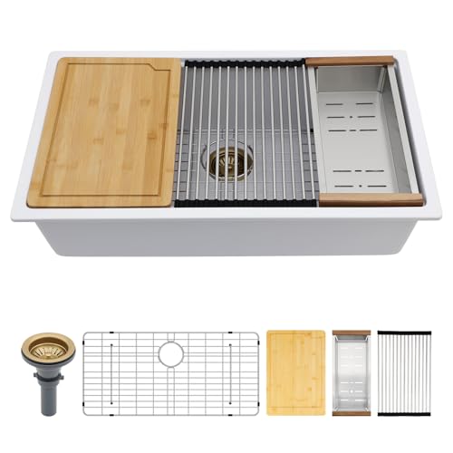 Couoko 32 Inch White Undermount Kitchen Sink Workstation Granite Composite Kitchen Sink Quartz Ledge Single Bowl Under Counter Large Deep Classic Sinks Basin,32' x 19'