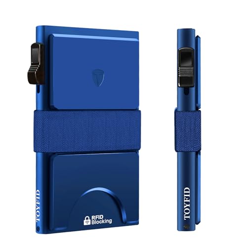 TOYFID Carteira masculina fina para homens, carteira pop-up minimalista, carteira de metal, bloqueio de RFID com placa traseira expansível e faixa para dinheiro, comporta mais de 12 cartões e dinheiro