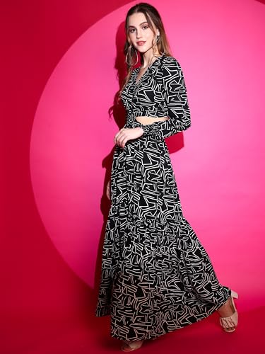Image of Sheetal Associates Women's Crepe Fit and Flare Printed Full Sleeve V-Neck Casual Dress