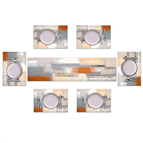 TQFZP Orange and Grey Table Runner and Place Mats Set of 6 Abstract Modern Table Runners and Placemats Burnt Orange Dining Mat Sets Washable Vintage Tabletop Home Decorations 90 Inches Long by TQFZP - Used condition - Image 2