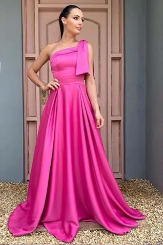 One Shoulder Bridesmaid Dresses Ruffles Satin Prom Formal Dress A Line Wedding Party Gowns with Pockets3