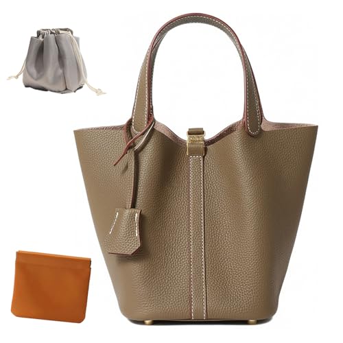 Genuine Leather Lock Design Bucket Bag Vegetable Basket, Fashionable and Versatile Shoulder Handbag (Khaki)