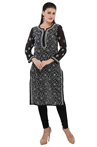 Image of Ada Lucknow Chikankari Hand Embroidered Faux Georgette Kurta Kurti Tunic Dress for Women A95504