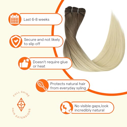 Image of Full Shine Weft Hair Extensions Human Hair 12 Inch 70G Balayage Hair Weft | Ash Brown To Platinum Blonde, Remy Straight Hair Weft, Sew In Extensions, Daily Wear For Women, add volume