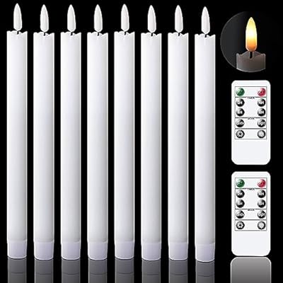 GenSwin Flameless Flickering Taper Candles with 2 Remote Controls and Timer, Real Wax 3D Wick Light Window Candles Battery Operated Pack of 8, Christmas Home Wedding Decor(White, 0.78 X 9.64 Inch)
