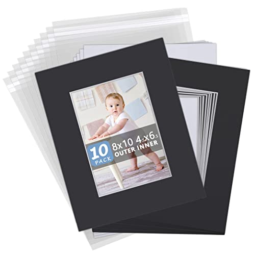 Somime Acid Free 8x10 Photo Mat Set, Black 8x10 Matte for 5x7 Pictures with White Core Bevel Cut for Photo Framing, Artworks, Prints(10 Pack) - Includes Pre-Cut Mats, Backing Boards and Clear Bags