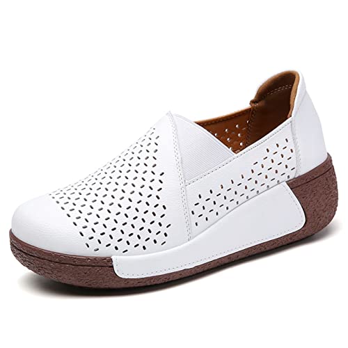 Image of Women's Round Toe Platform Wedge Slip On Loafers, Comfortable Genuine Leather Moccasin Low Top Casual Cutout Loafers.