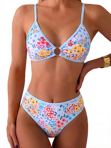Tainehs Women's Two Piece Bikini Sets O Ring Front Top Ditsy Floral Triangle Swimsuits Cheeky Bathing Suit