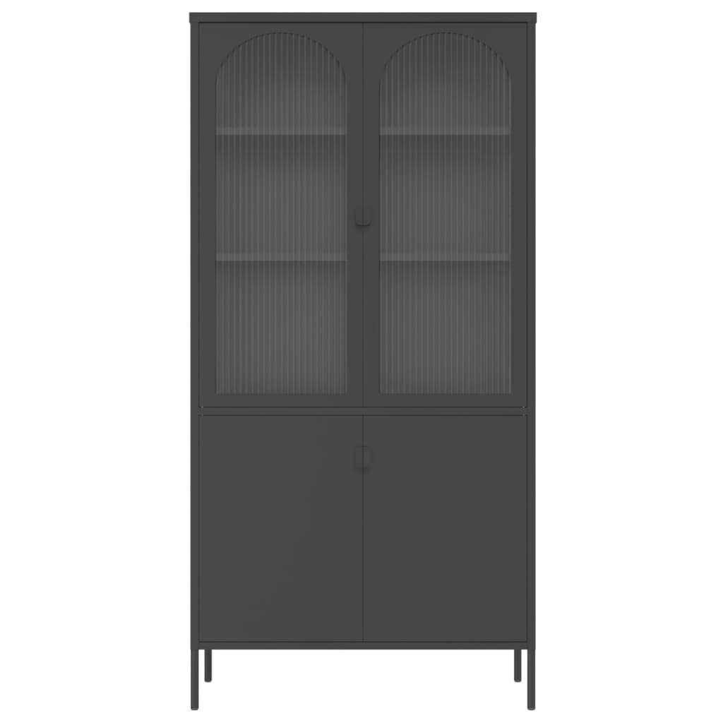 Générique Bufet Top Czarny 90x40x180 cm Szkło karbowane Stal | 3 regulowane półki, poziomice do nierównych podłóg, blat wystawowy, mocowanie ścienne w zestawie