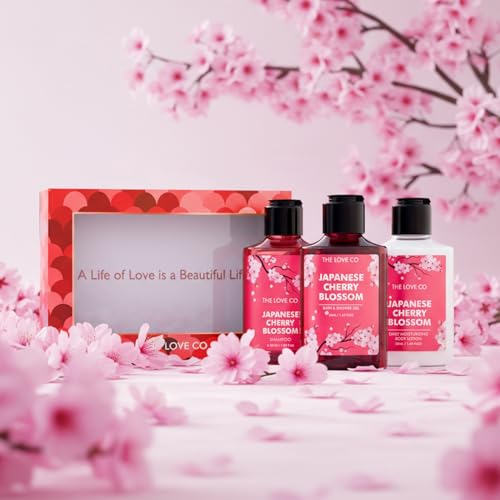 THE LOVE CO. Japanese Cherry Blossom Bath and Body Care Gift Set Box | Body Wash, Body Lotion, Shampoo | Pack of 3 | For Men and Women | Pampering Kit for Birthday ,Anniversary & All Special Occasions | Premium Gift Packaging 100% Vegan