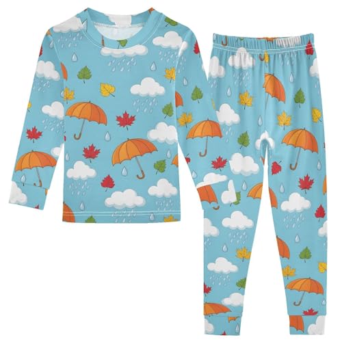 Pajama Sets Long Sleeve Autumn Leaves Umbrellas Clouds Rain Soft Comfy Sleepwear 2 Piece PJS 3-8T