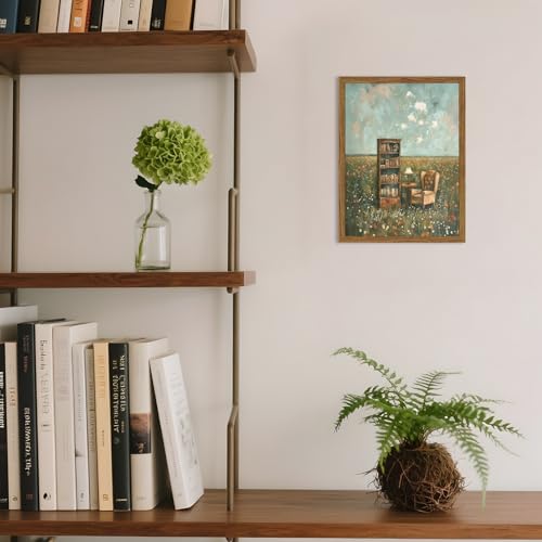 Image of Vintage Whimsical Book Lover Wall Art, Impressionist Flower Field Painting Decor, Rustic Book Nook Canvas Prints, Bookish Gifts French Country Artwork for Bedroom Living Room 10x8 inch Wood Framed