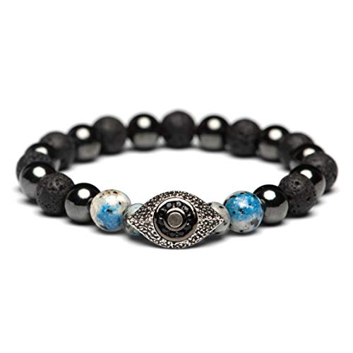 Karseer Vintage Silver and Black Plated Evil Eye Magnetic Energy Balance Anti Anxiety Bracelet Natural Hematite K2 Blue Azurite and Lava Rock Healing Stone Beads Essential Oil Diffuser Bracelet Unisex