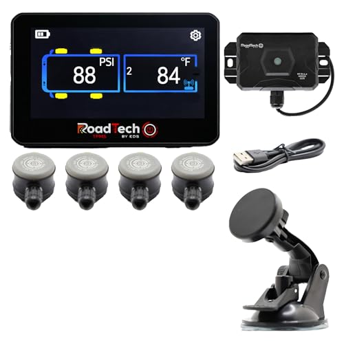 RoadTech TPMS Kit 4 Flow Through - Tire Pressure Monitoring System for RVs, Trailers & Tow Vehicles, Real-Time Pressure & Temperature Alerts, Easy Install, Color Display