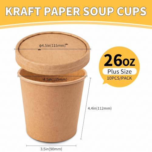 Image of PakTalk Paper Soup Bowls with Lids, Disposable Ice Cream Cups Kraft Paper Soup Bowls 26oz To Go Soup Containers with Lids for Hot Soups, Food Storage, Ice Creams(10 Sets, 26 oz)