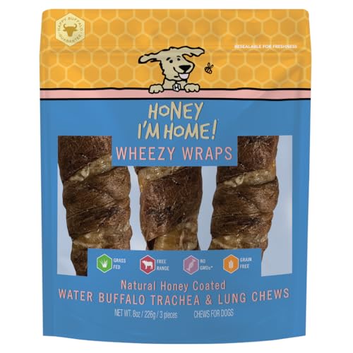 Honey I'm Home Natural Honey Coated Wheezy Wraps Buffalo Treats, 6" Trachea Wrapped in Lung, 3 Count