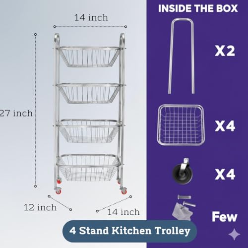 Image of Stainless Steel Modern 4 Tier Kitchen Storage Trolley with Wheels Folding Perforated Design Trolley Spice Fruits and Vegetable Onion Potato Organizer Stand Kitchen Trolley