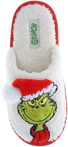 GRINCH Holiday Slippers, Novelty Fleece Scuff Slippers for Men and Women, Ivory, Women's MD (7-8)4