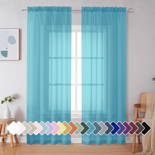 Image of Simplebrand Turquoise Sheer Curtains 84 Inches Long 2 Panels, Light Filtering Rod Pocket Solid Color Window Sheer Curtain Panels, Elegant Curtains & Drapes for Bedroom (Turquoise, 42 inch W x 84 inch L)