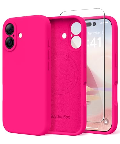 Image of Magnetic for iPhone 16 Case, Compatible with MagSafe, [Screen Protector + Full Camera Protection], Silicone Shockproof Anti-Scratch Protective Phone Case for iPhone 16 6.1 inch, Hot Pink