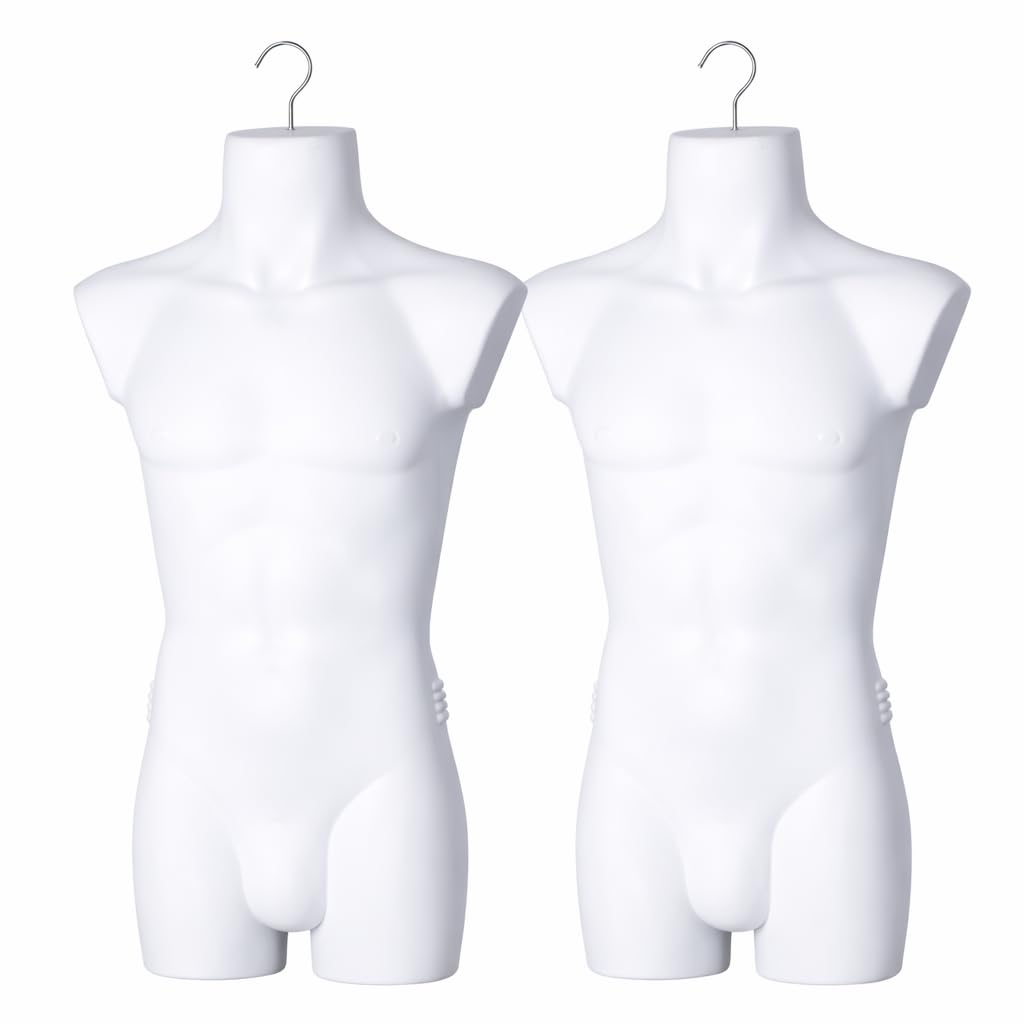 2er Set Torso männlich - Herrentorso lebensecht aus Kunststoff - Oberkörper Halbplastik in Farbe Weiß - Mannequin Büste - Halbschale Herrenbody - Schaufensterpuppe mit Haken - 2 Stück Dekotorso