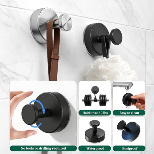 Image of Suction Cup Hooks for Shower, No Drill Removable Bathroom Hooks for Loofahs | Shower Hooks for Inside Shower, Heavy Duty Shower Suction Hooks for Bathroom Window, Door, and Wall, 2 Pack, Black