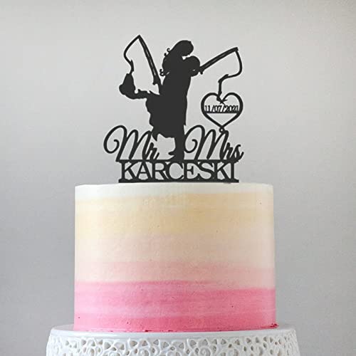 Utf4C Personalized Fishing Wedding Cake Topper, Mr And Mrs Cake Topper, Cake Topper Wedding Bride And Groom, Customize Wedding Cake Topper, Hooked For Life, Acrylic Cake Topper, Unique Cake Insert #TOP2