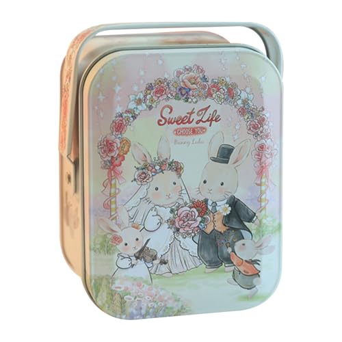 Generic Vintage Bunny Couple Biscuit Tin Box with Handle, Multi-Purpose Portable Storage Box for Sweets Chocolate, 10.5 x 7.8 x 6 cm