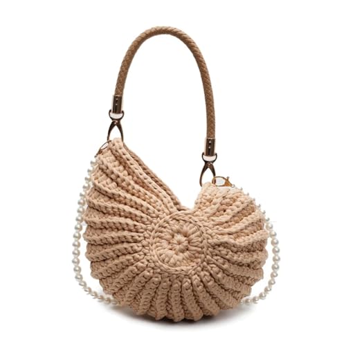 Bolso Nacar Bolso de concha tejido a mano, bolso hombro único, accesorio playa verano, elegante bandolera con cadena perlas for vacaciones(Khaki)