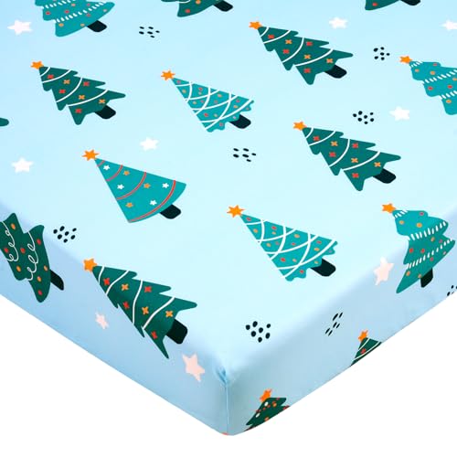 JISEN Christmas Crib Sheet Cartoon Tree Fitted Crib Sheet for Boys Girls Crib Mattress Cover Baby Sheet for Standard Crib and Toddler Mattress Soft...