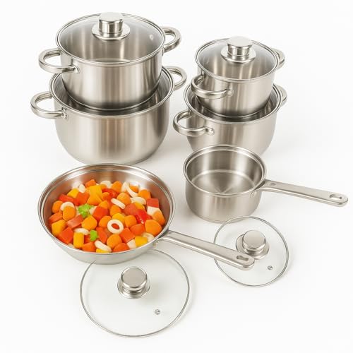 Heimwerk Germany Edelstahl Topfset 12-teilig mit Glasdeckeln, induktionsgeeignet – stapelbares Kochtopf-Set mit Kapselboden für alle Herdarten, kleine Küchen, WG & Camping