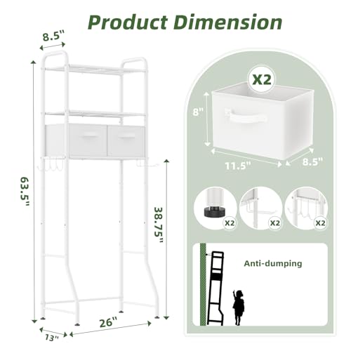 Image of Simple Trending Over The Toilet Storage Rack with Drawers, Metal 3 Tier Bathroom Organizer Shelf with Paper Holder and 3 Hooks, White