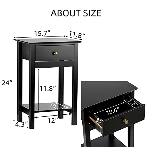 Zenoddly Night Stand Small Side Table With Drawer & 1 Shelf, 2 Tier Black End Table With Storage, Wood Side Tables Living Room Tables Bedside Table #TOP2