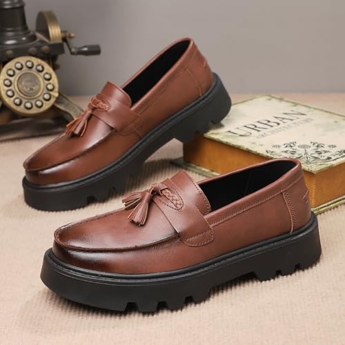 Image of Men's Black Soft Patent Leather Platform Chunky Heel Loafers Fashion Tassel Business Casual Formal Work Shoes Non-Slip Lug Sole Slip-On Penny Loafers