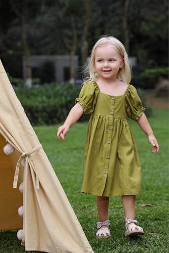 Linen Dress Girl Ruffles Short Puff Sleeve Vintage Toddler Princess Dress Front Wood Buttons Casual Dress for Girls4