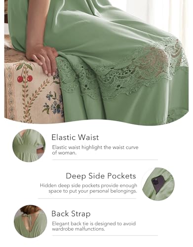 Image of Olaesa Boho Maxi Dress V Neck Short Sleeve Lace Smocked Waist Flowy Dress | Wedding Guest Dress with Pockets, Summer Bohemian Vacation Dress, Elegant Party Dress for Family photo& Baby Shower