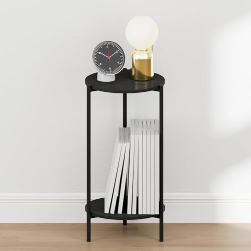 Furinno BESI Night Stand, 2-Tier Tall Round Nightstand, Metal Frame Narrow End Table with Open Shelf, Side Table, Bedside Table, for Bedroom, Closet, Dorm, Americano - image 4